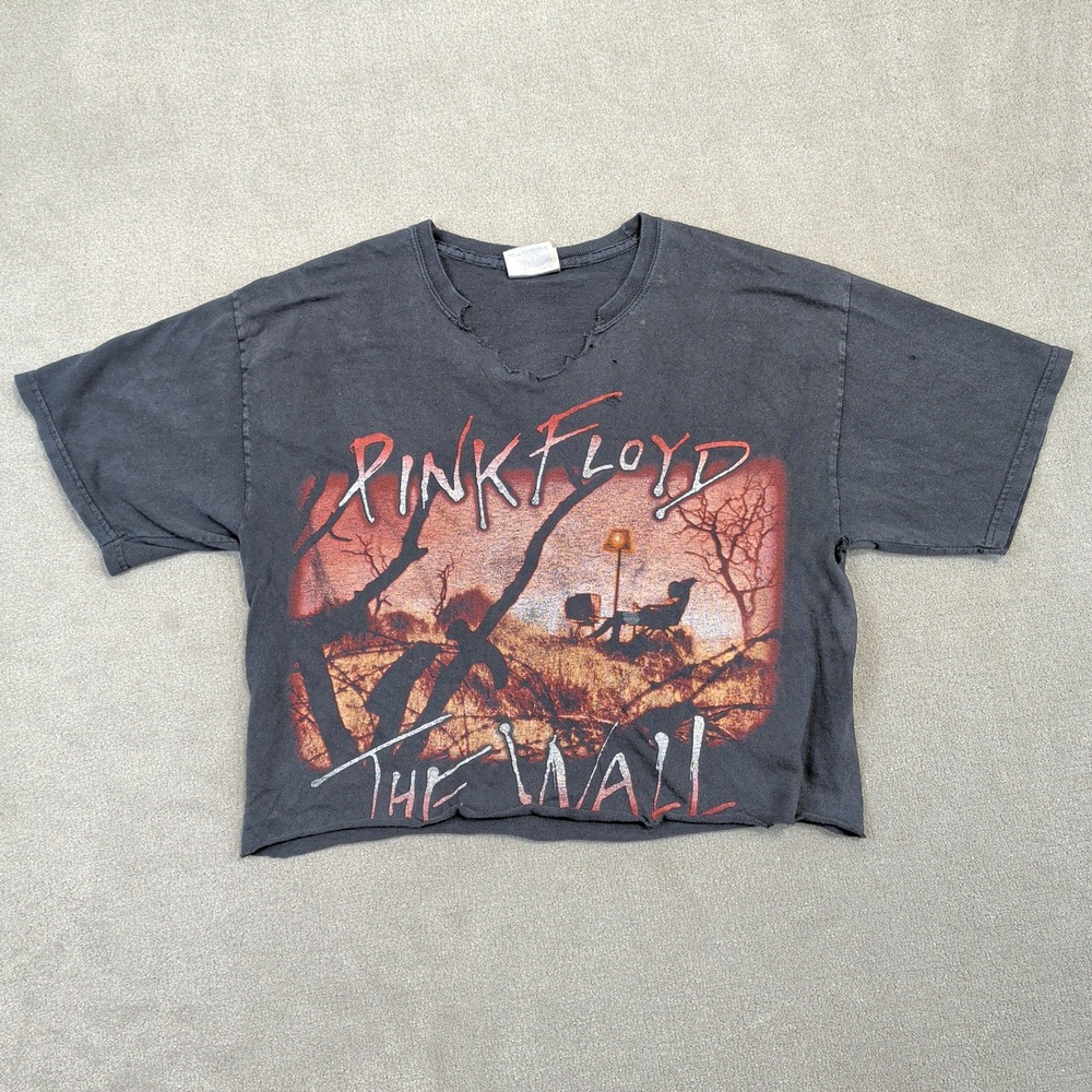 Vintage Pink Floyd The Wall Womens XL Cropped Grunge Hanes Heavy Band Tee Black